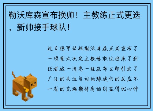 勒沃库森宣布换帅！主教练正式更迭，新帅接手球队！